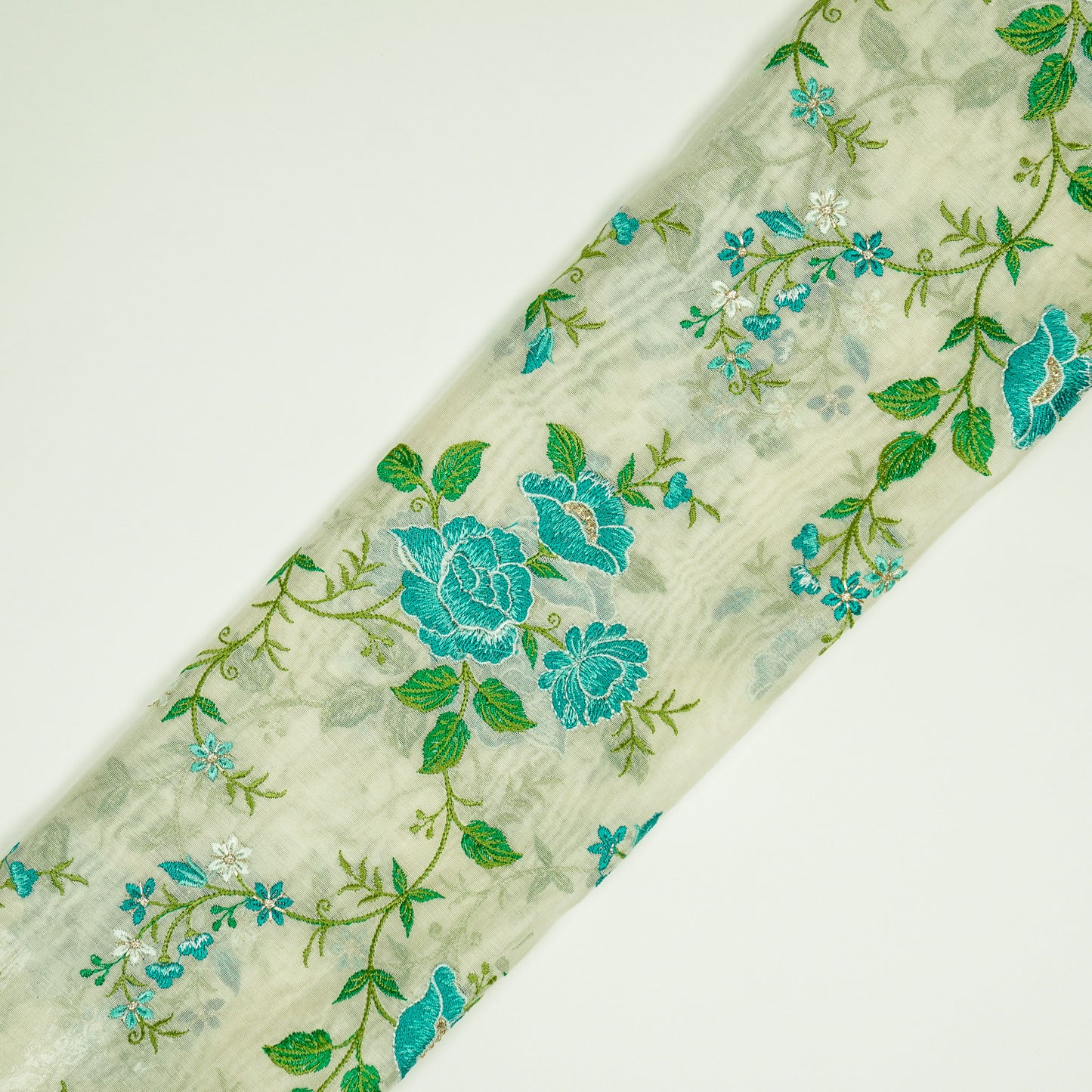 Isra Ivory/Turquoise Chanderi Embroidered Fabric in Jaal Pattern