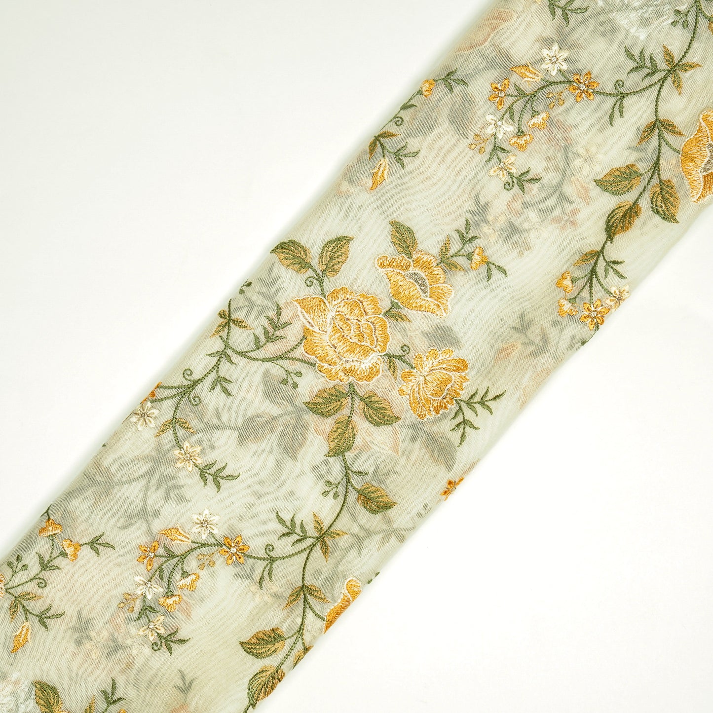 Isra Ivory/Gold Chanderi Embroidered Fabric in Jaal Pattern