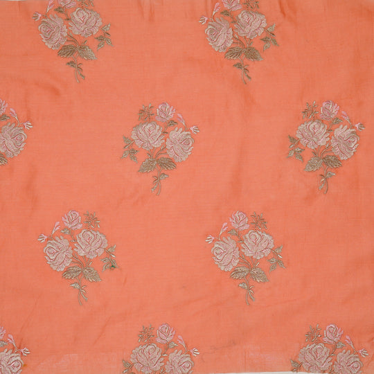 Nuryn Dark Peach Chanderi Embroidered Fabric in Floral Buta Pattern