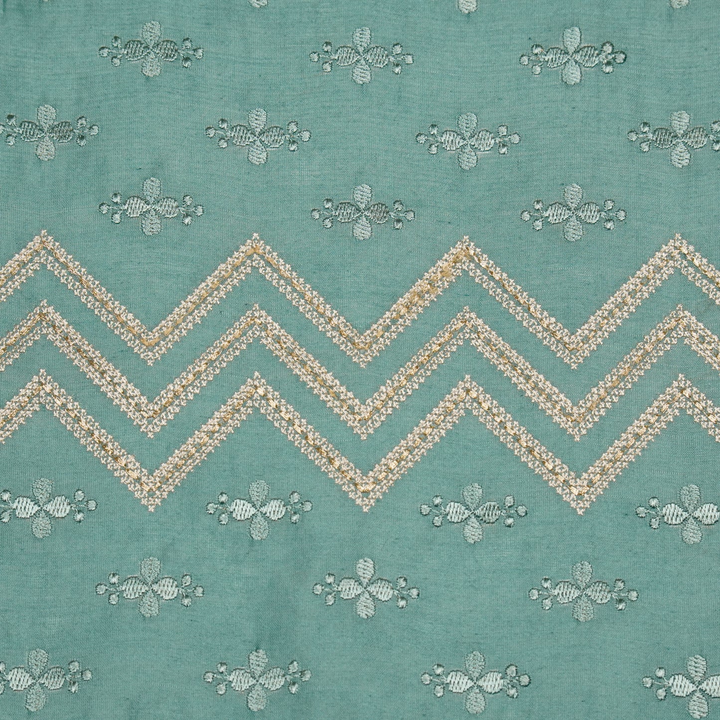 Umi Teal Viscose Raw Silk Embroidered Fabric in Jaal Pattern