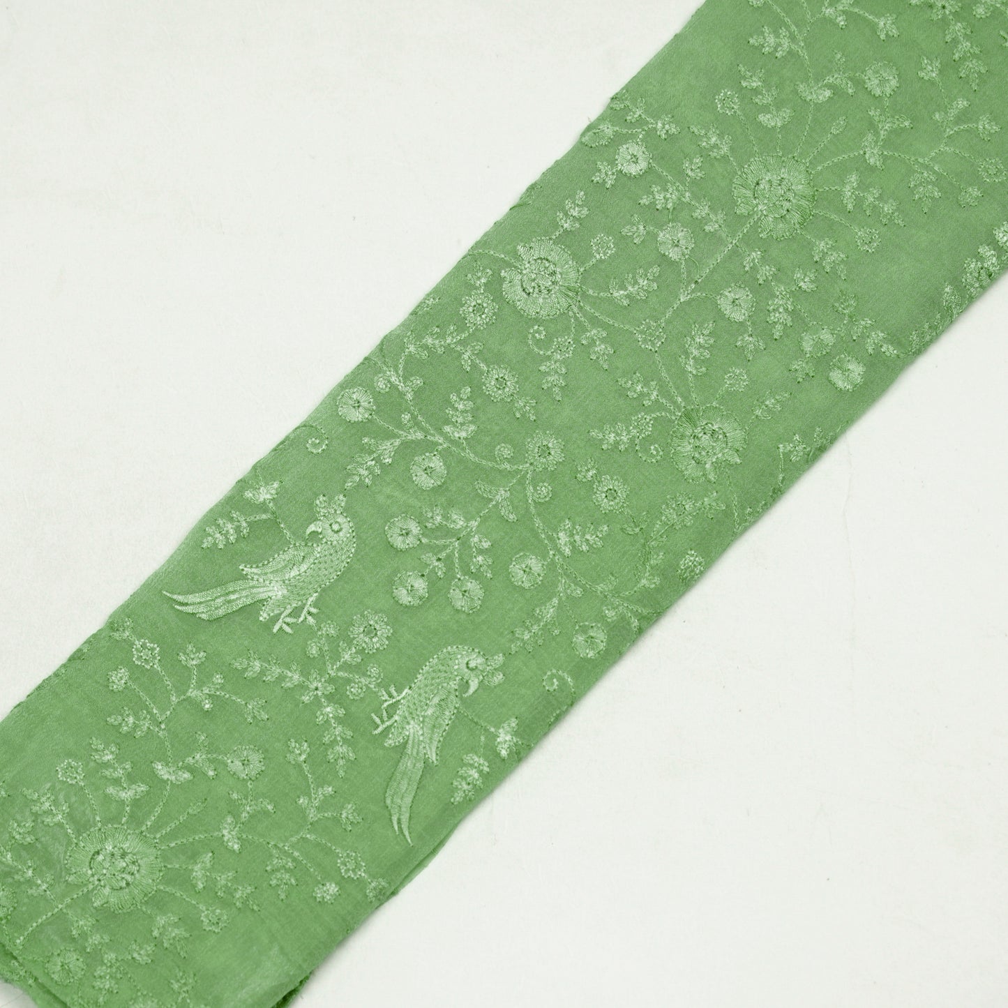 Hasna Sea Green Viscose Raw Silk Embroidered Fabric in Jaal Pattern