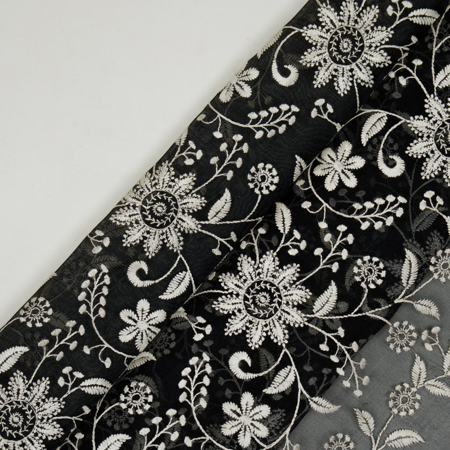 Esita Black Viscose Organza Embroidered Fabric in Jaal Pattern