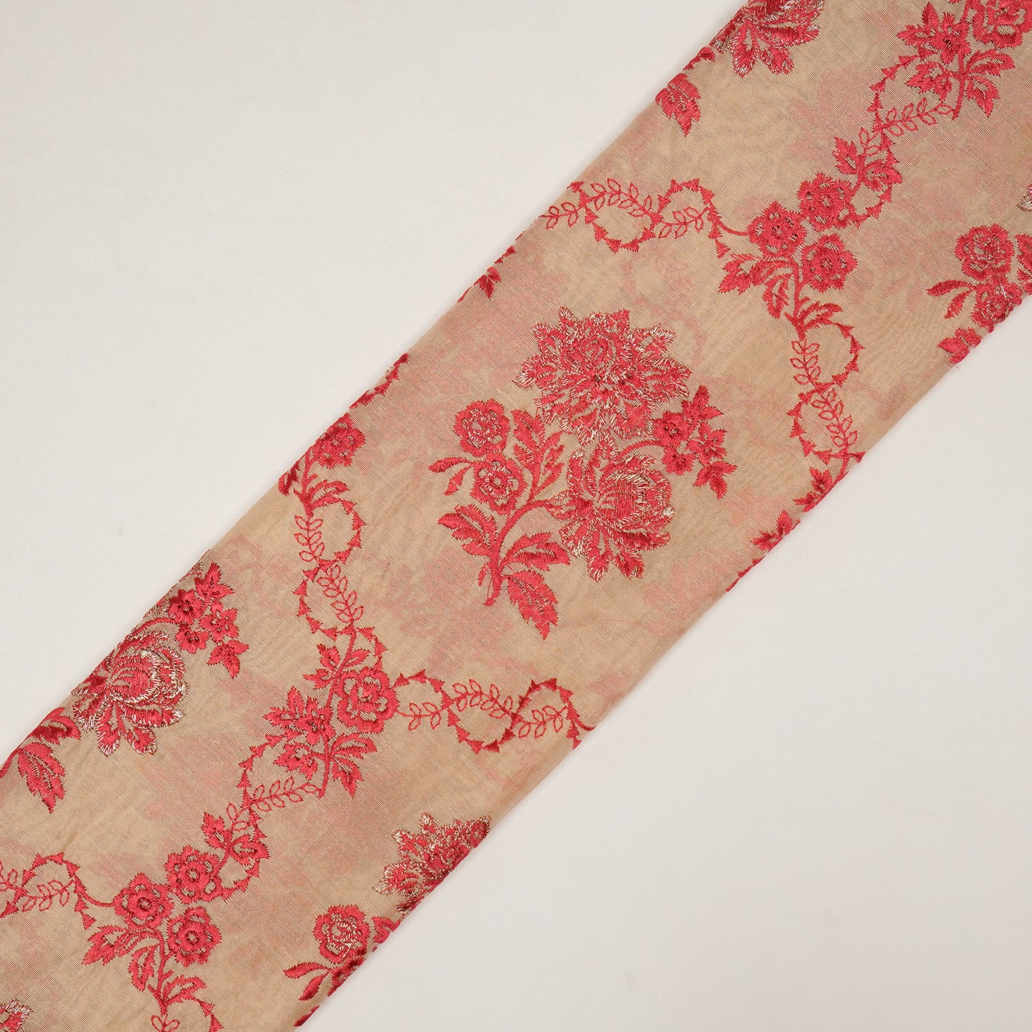 Nurul Beige/Tomato Red Chanderi Embroidered Fabric in Jaal Pattern