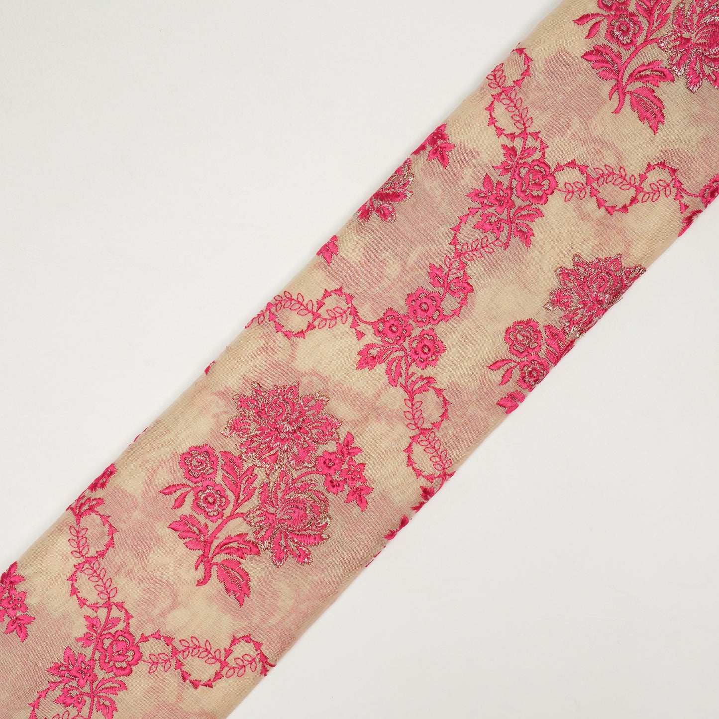 Nurul Beige/Fuxia Chanderi Embroidered Fabric in Jaal Pattern