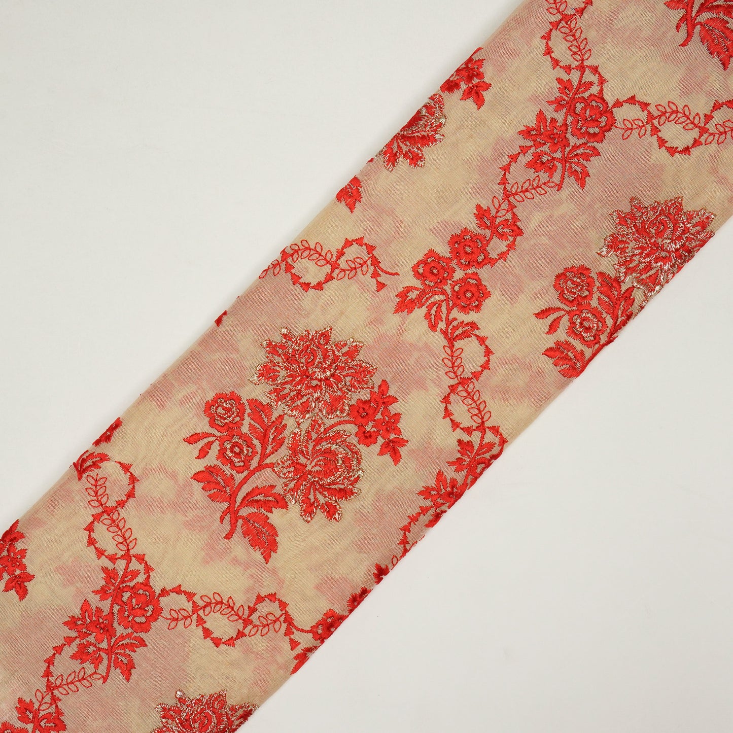 Nurul Beige/Red Chanderi Embroidered Fabric in Jaal Pattern