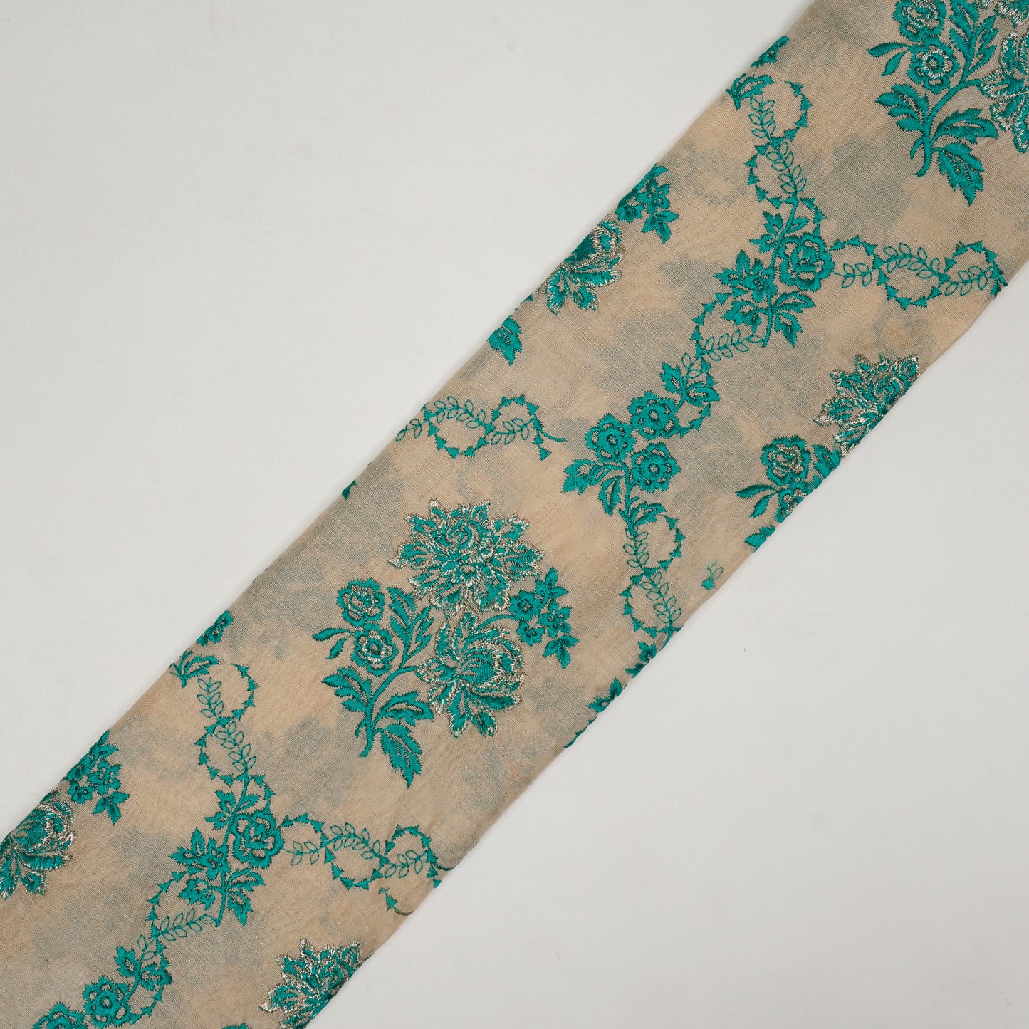 Nurul Beige/Teal Chanderi Embroidered Fabric in Jaal Pattern