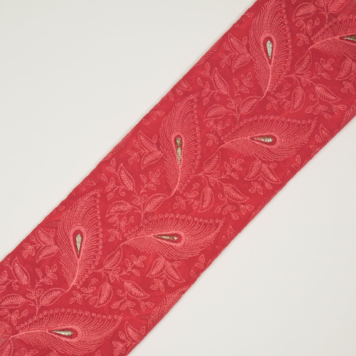 Fawyat Tomato Viscose Georgette Embroidered Fabric in Jaal Pattern