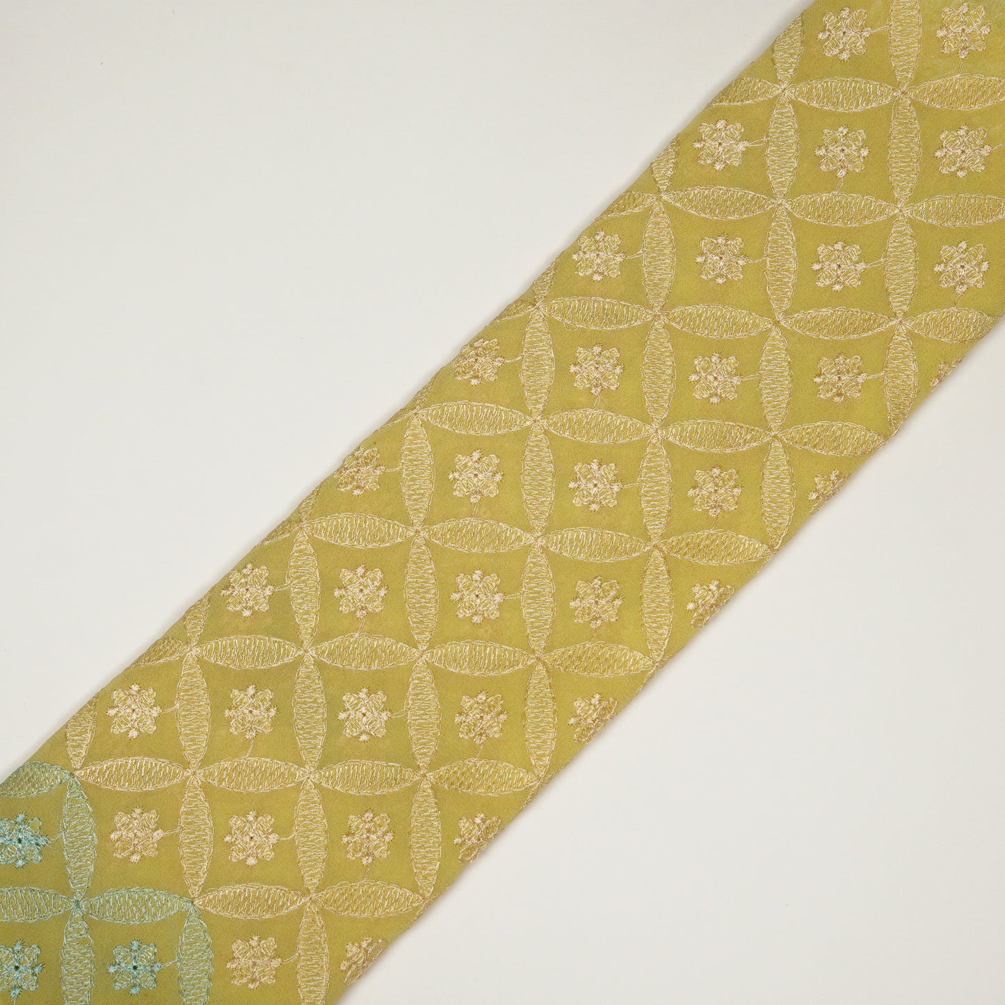 Eshal Lemon Viscose Georgette Embroidered Fabric in Jaal Pattern