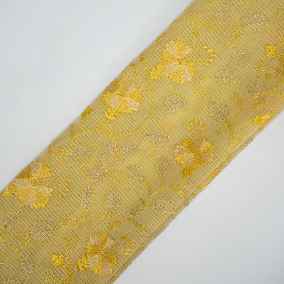 Tasnim Light Lemon Semi Munga Kota Embroidered Fabric in Jaal Pattern