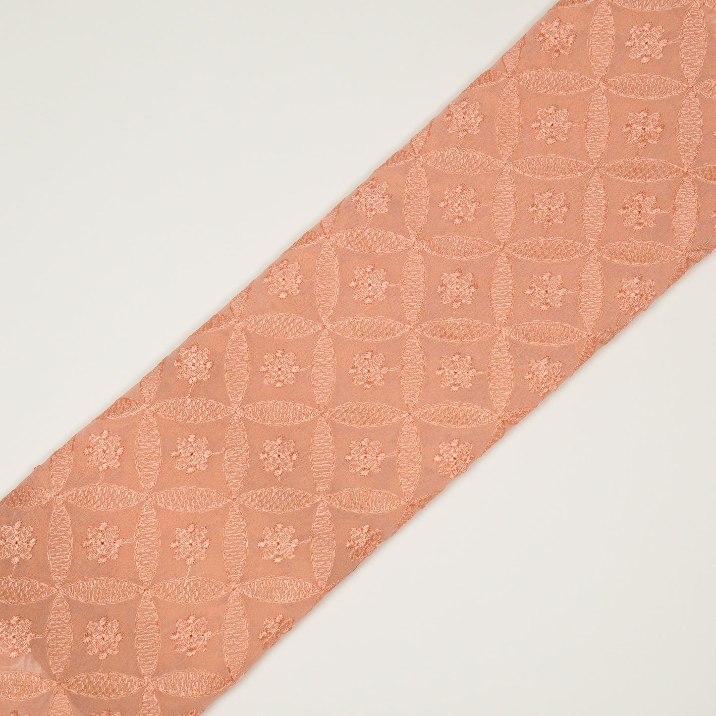 Eshal Peach Viscose Georgette Embroidered Fabric in Jaal Pattern