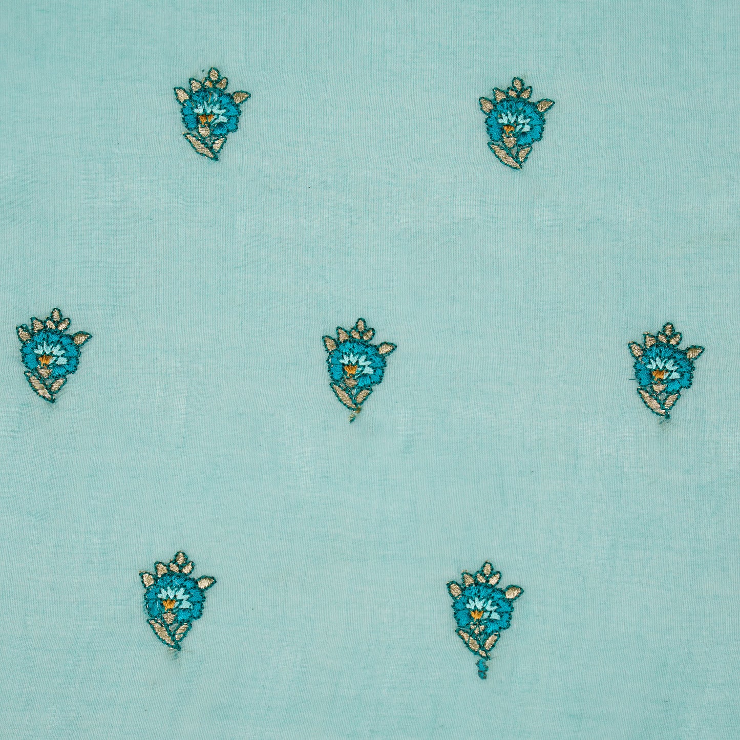 Aakifah Turquoise Mul Chanderi Embroidered Fabric in Buta Pattern