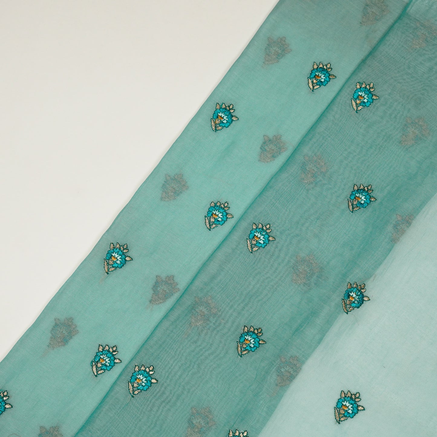 Aakifah Turquoise Mul Chanderi Embroidered Fabric in Buta Pattern