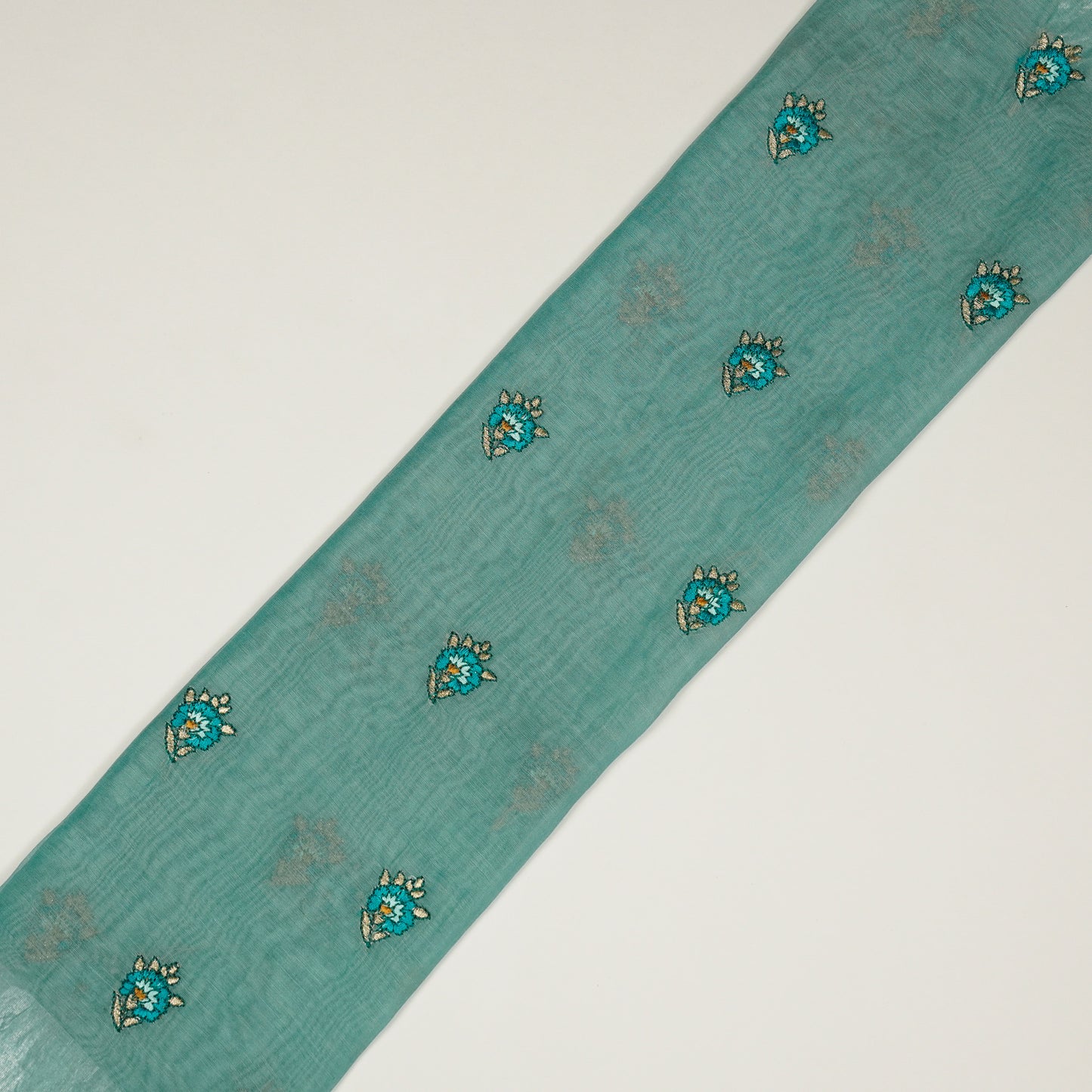 Aakifah Turquoise Mul Chanderi Embroidered Fabric in Buta Pattern