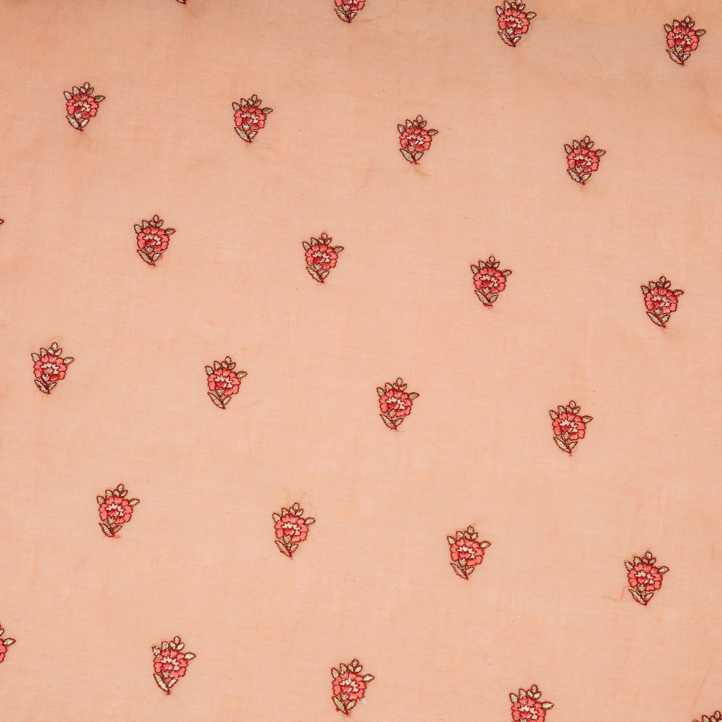 Aakifah Peach Mul Chanderi Embroidered Fabric in Buta Pattern