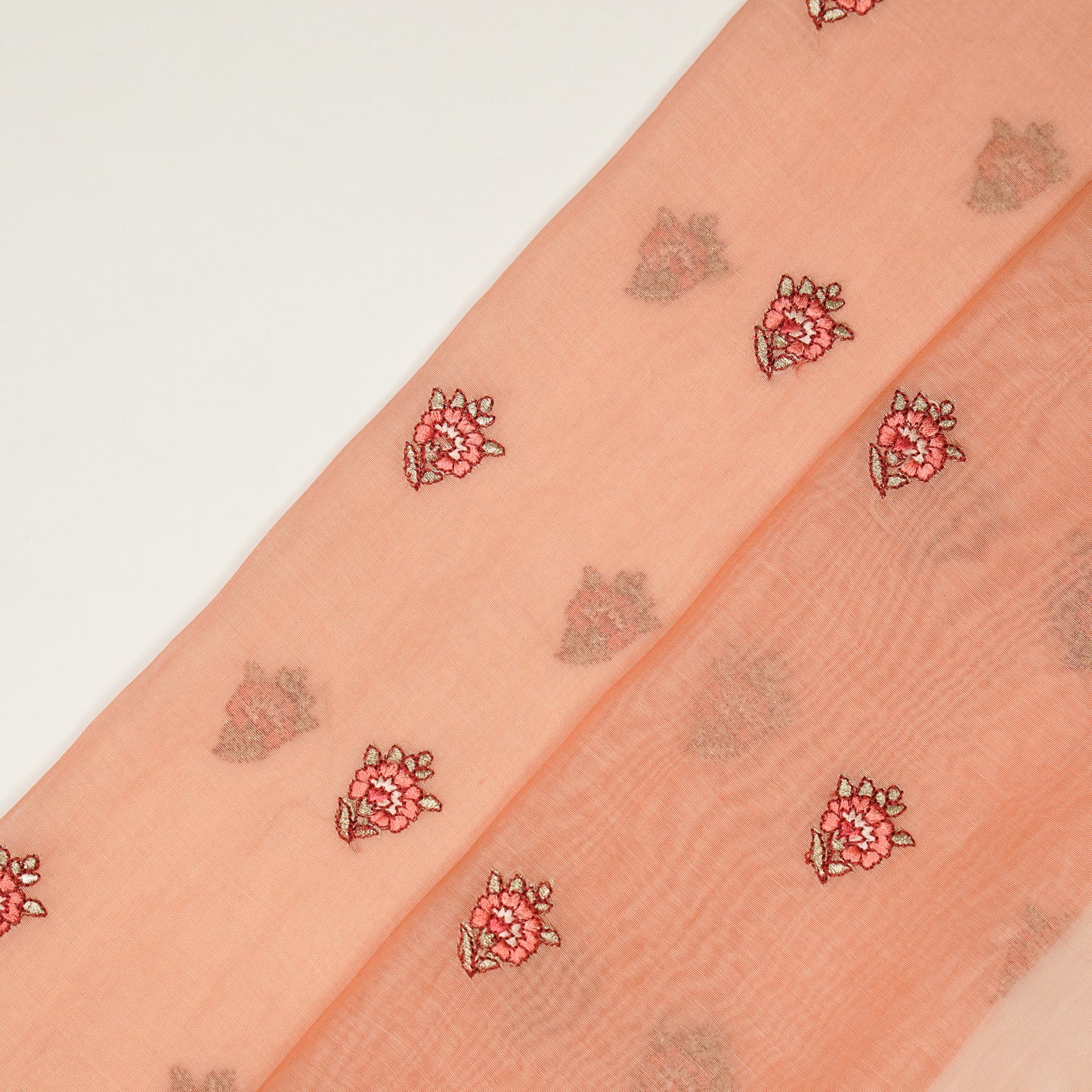 Aakifah Peach Mul Chanderi Embroidered Fabric in Buta Pattern