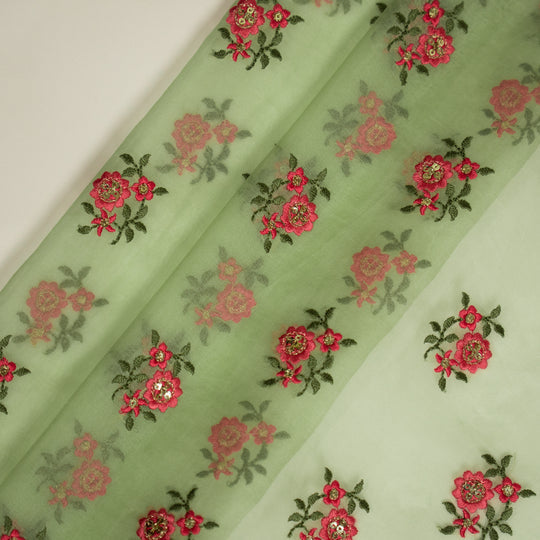 Wafiza Sea Green Viscose Organza Embroidered Fabric in Buti Pattern