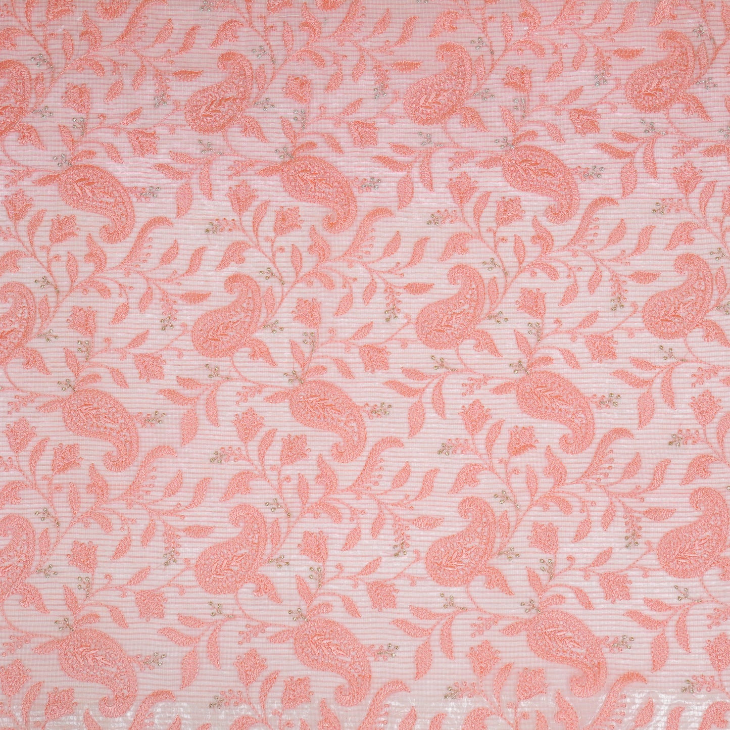 Rania Peach Semi Munga Kota Embroidered Fabric in Jaal Pattern