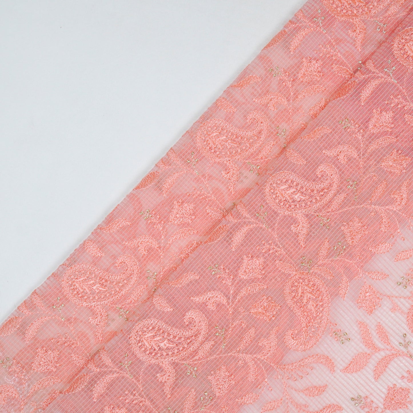 Rania Peach Semi Munga Kota Embroidered Fabric in Jaal Pattern