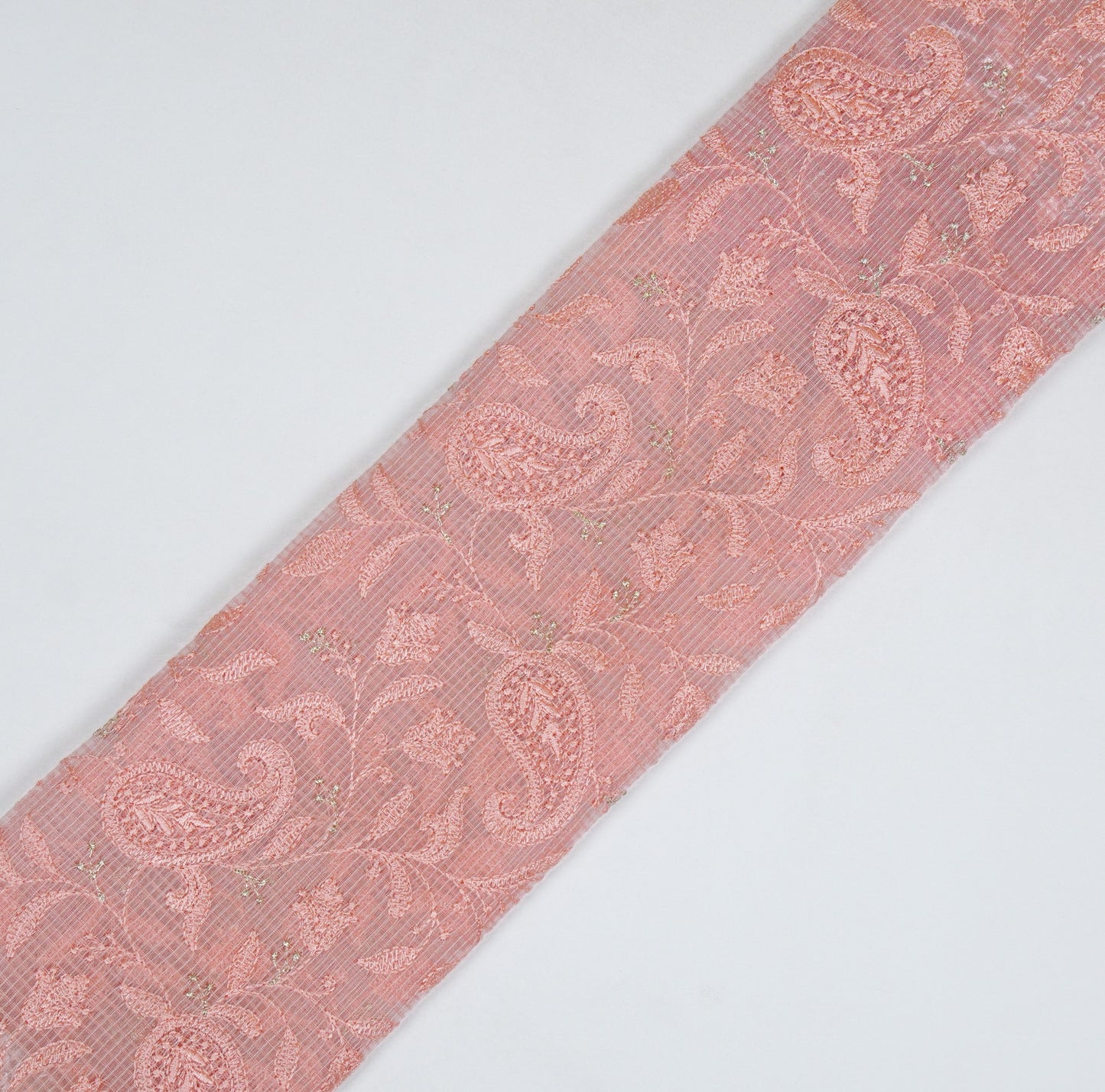 Rania Peach Semi Munga Kota Embroidered Fabric in Jaal Pattern