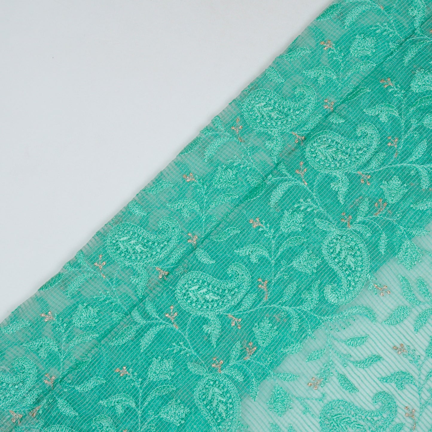 Rania Aqua Green Semi Munga Kota Embroidered Fabric in Jaal Pattern