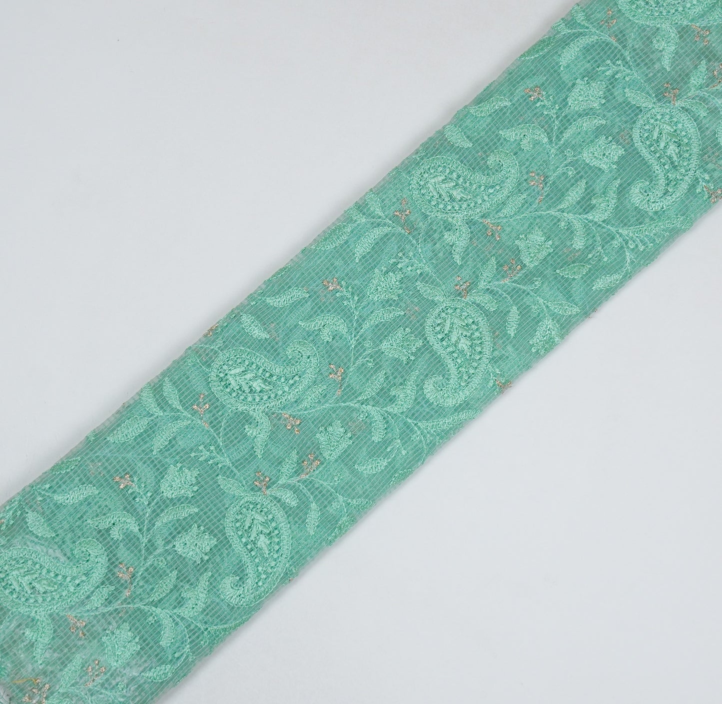 Rania Aqua Green Semi Munga Kota Embroidered Fabric in Jaal Pattern