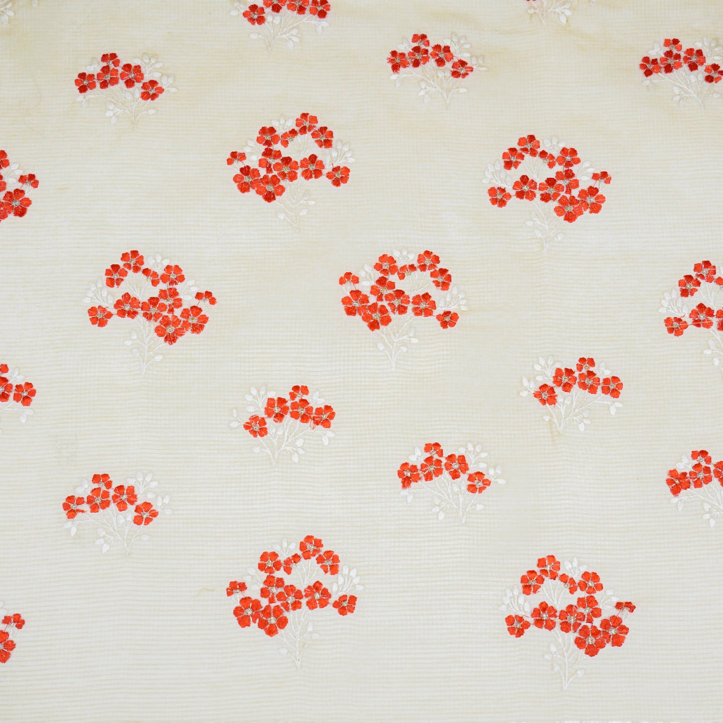 Yatika Beige Semi Munga Kota Embroidered Fabric in Buta Pattern