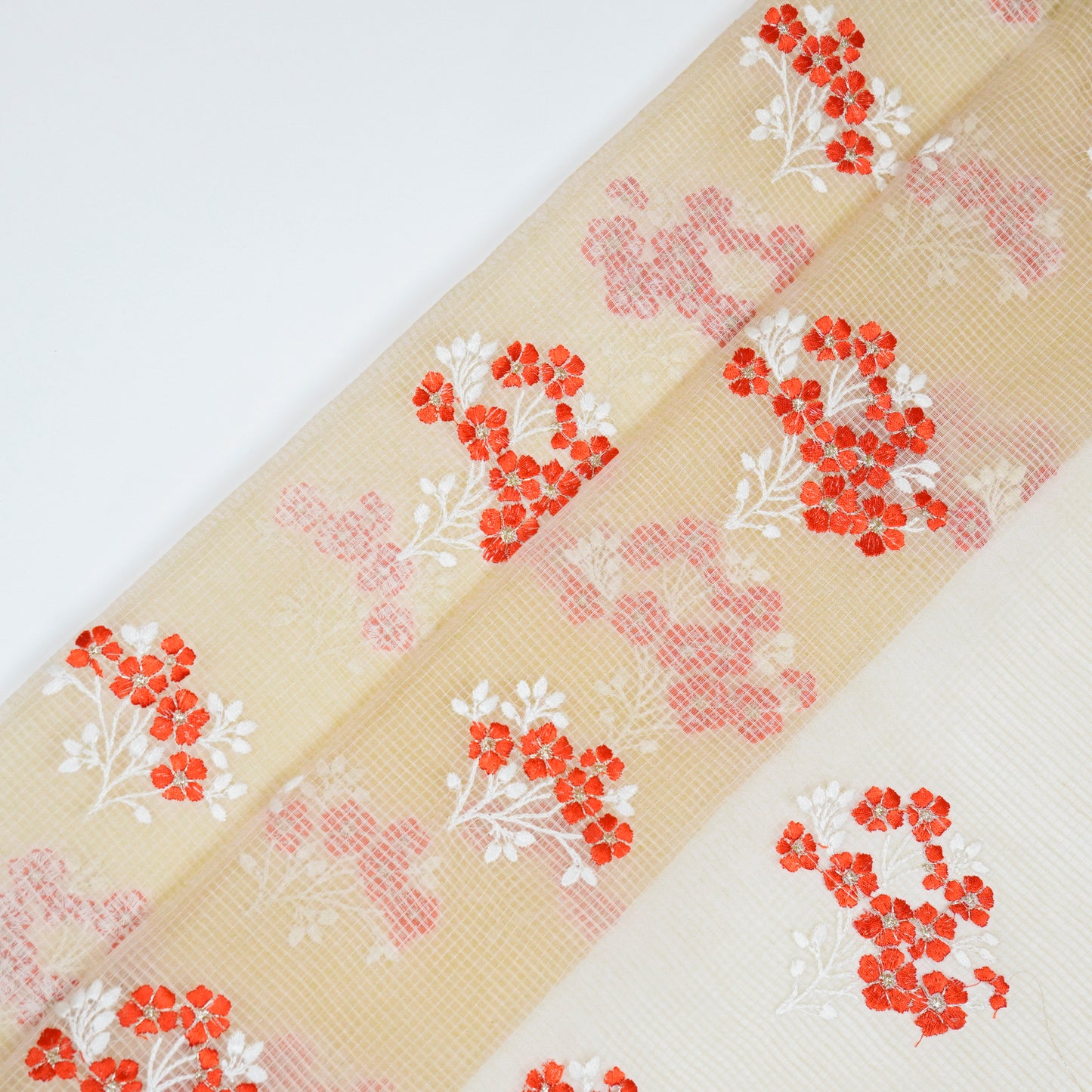 Yatika Beige Semi Munga Kota Embroidered Fabric in Buta Pattern