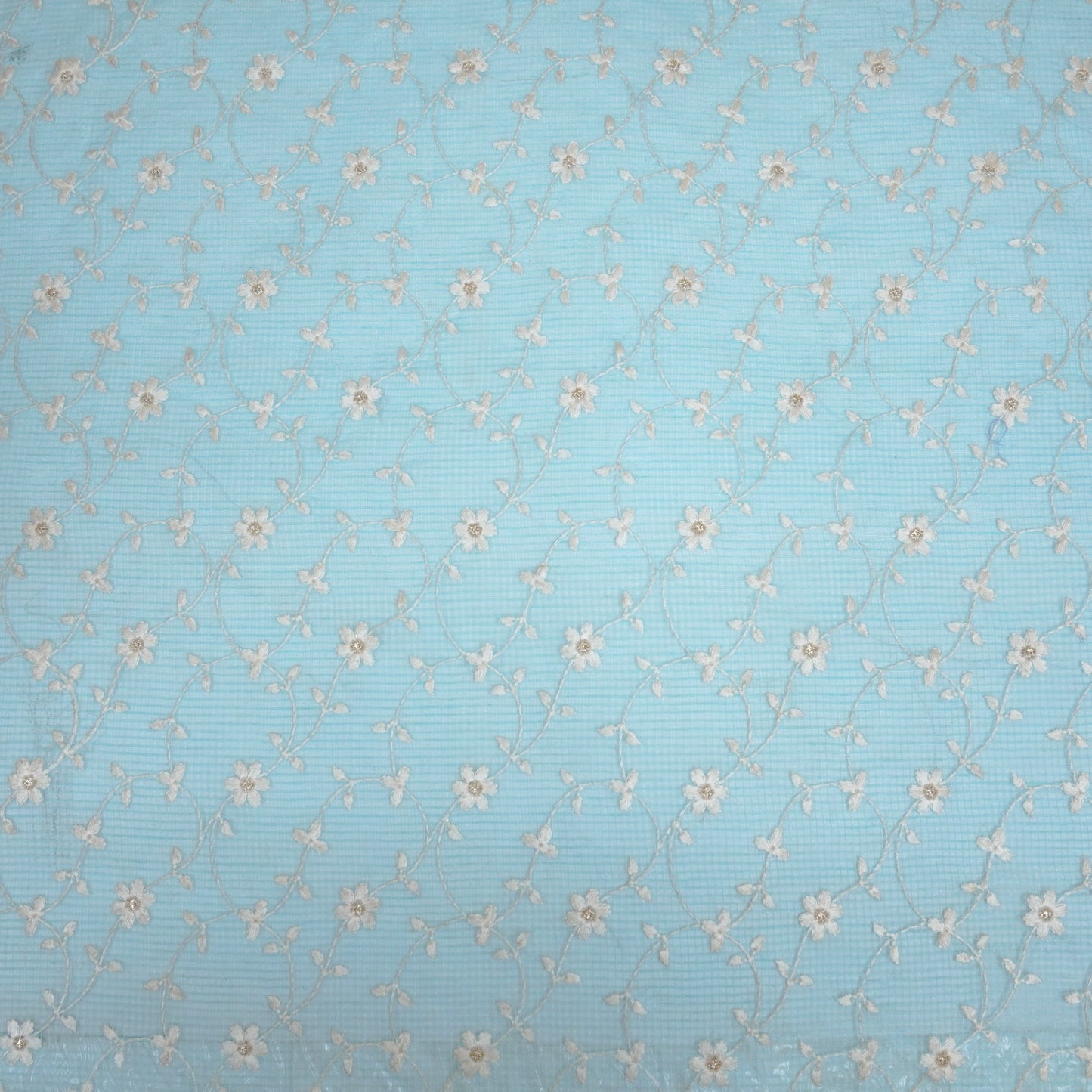 Wafiya Turquoise Semi Munga Kota Embroidered Fabric in Jaal Pattern