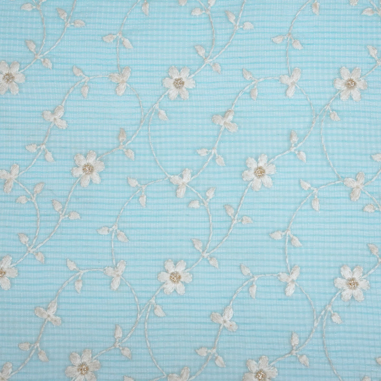 Wafiya Turquoise Semi Munga Kota Embroidered Fabric in Jaal Pattern