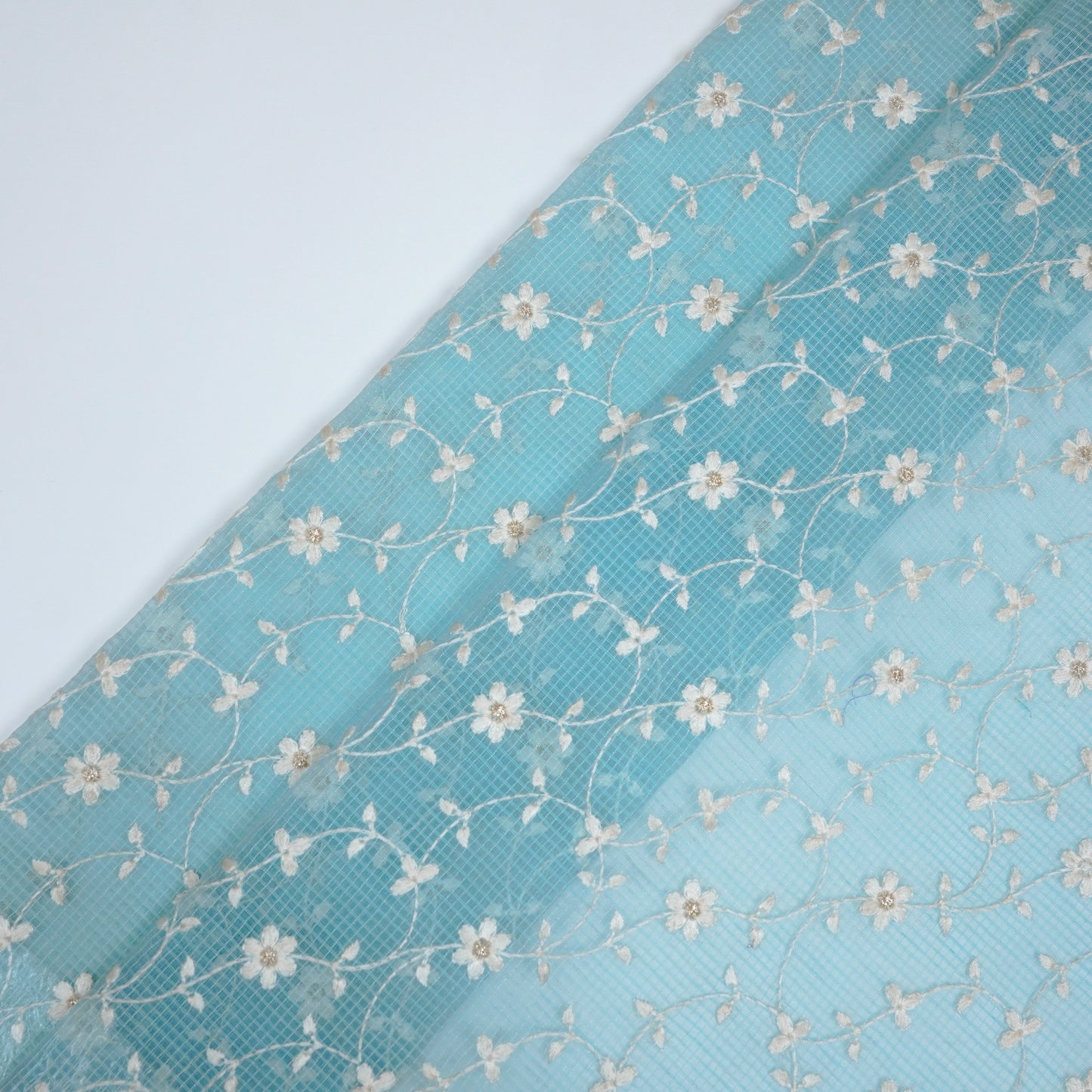 Wafiya Turquoise Semi Munga Kota Embroidered Fabric in Jaal Pattern