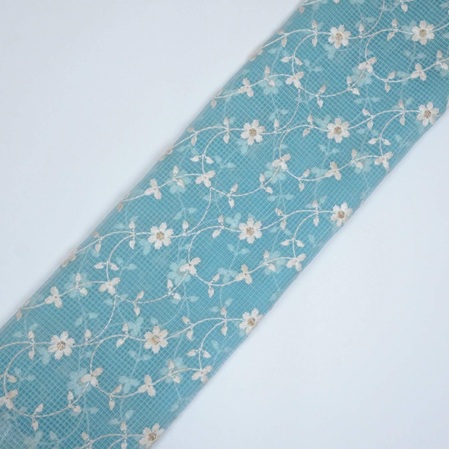 Wafiya Turquoise Semi Munga Kota Embroidered Fabric in Jaal Pattern