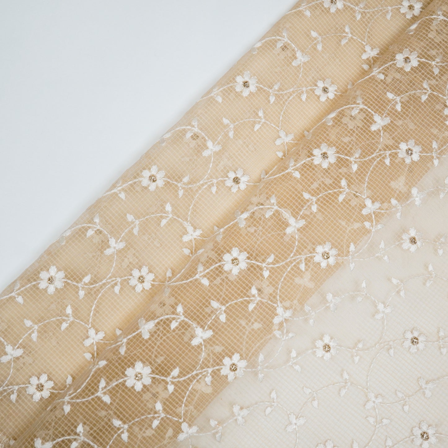 Wafiya Beige Semi Munga Kota Embroidered Fabric in Jaal Pattern