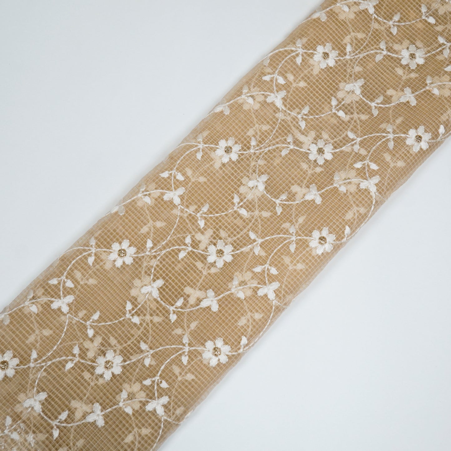 Wafiya Beige Semi Munga Kota Embroidered Fabric in Jaal Pattern
