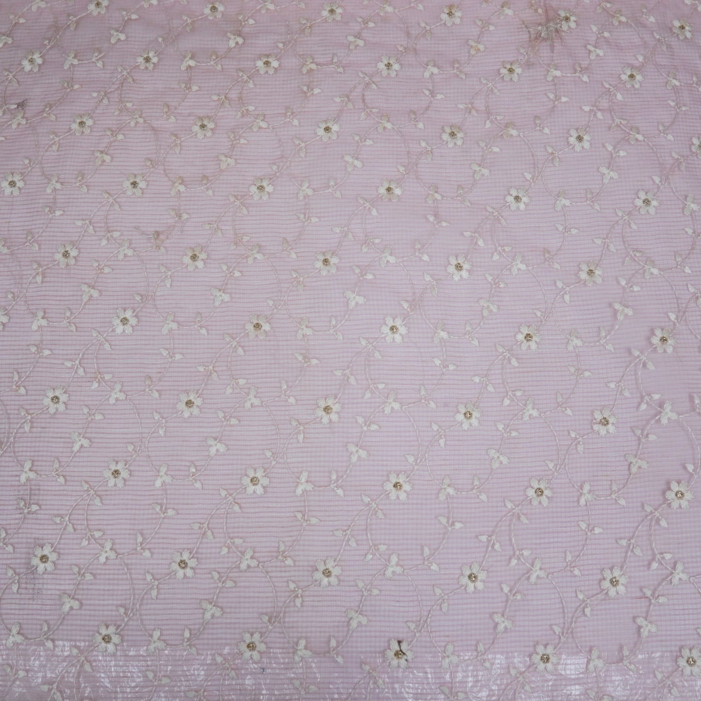 Wafiya Pink Semi Munga Kota Embroidered Fabric in Jaal Pattern