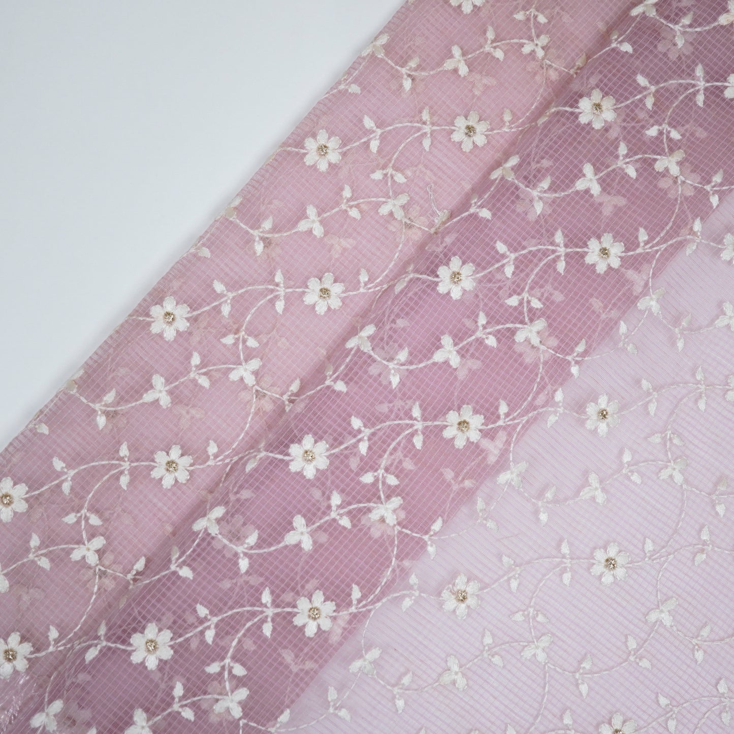 Wafiya Pink Semi Munga Kota Embroidered Fabric in Jaal Pattern