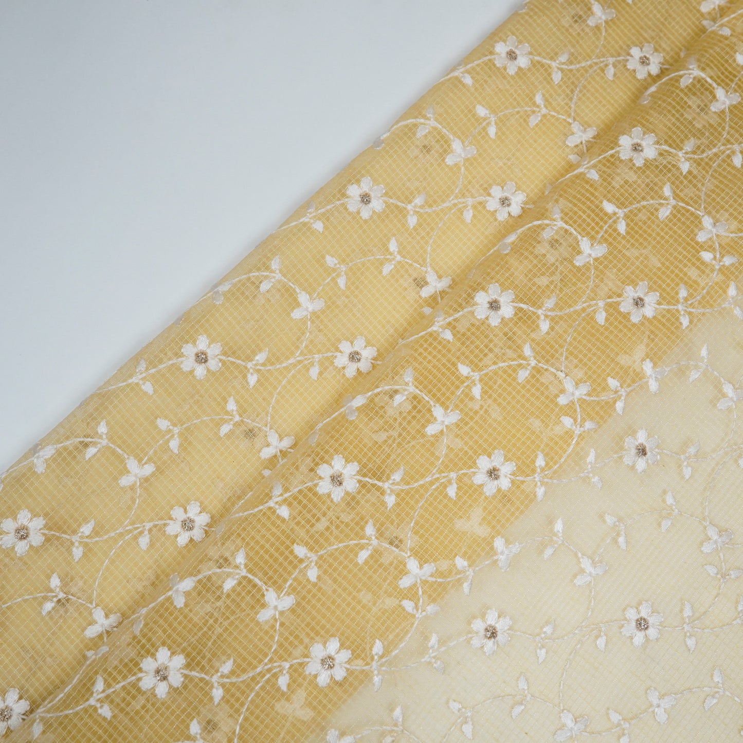 Wafiya Lemon Semi Munga Kota Embroidered Fabric in Jaal Pattern