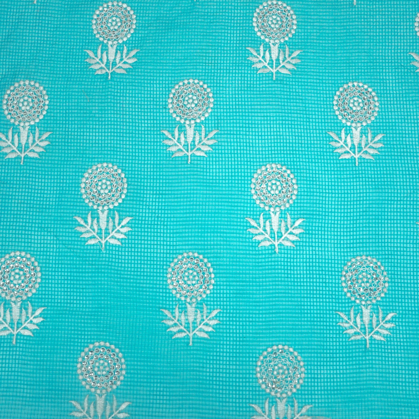 Rasha Teal Blue Semi Munga Kota Embroidered Fabric in Jaal Pattern