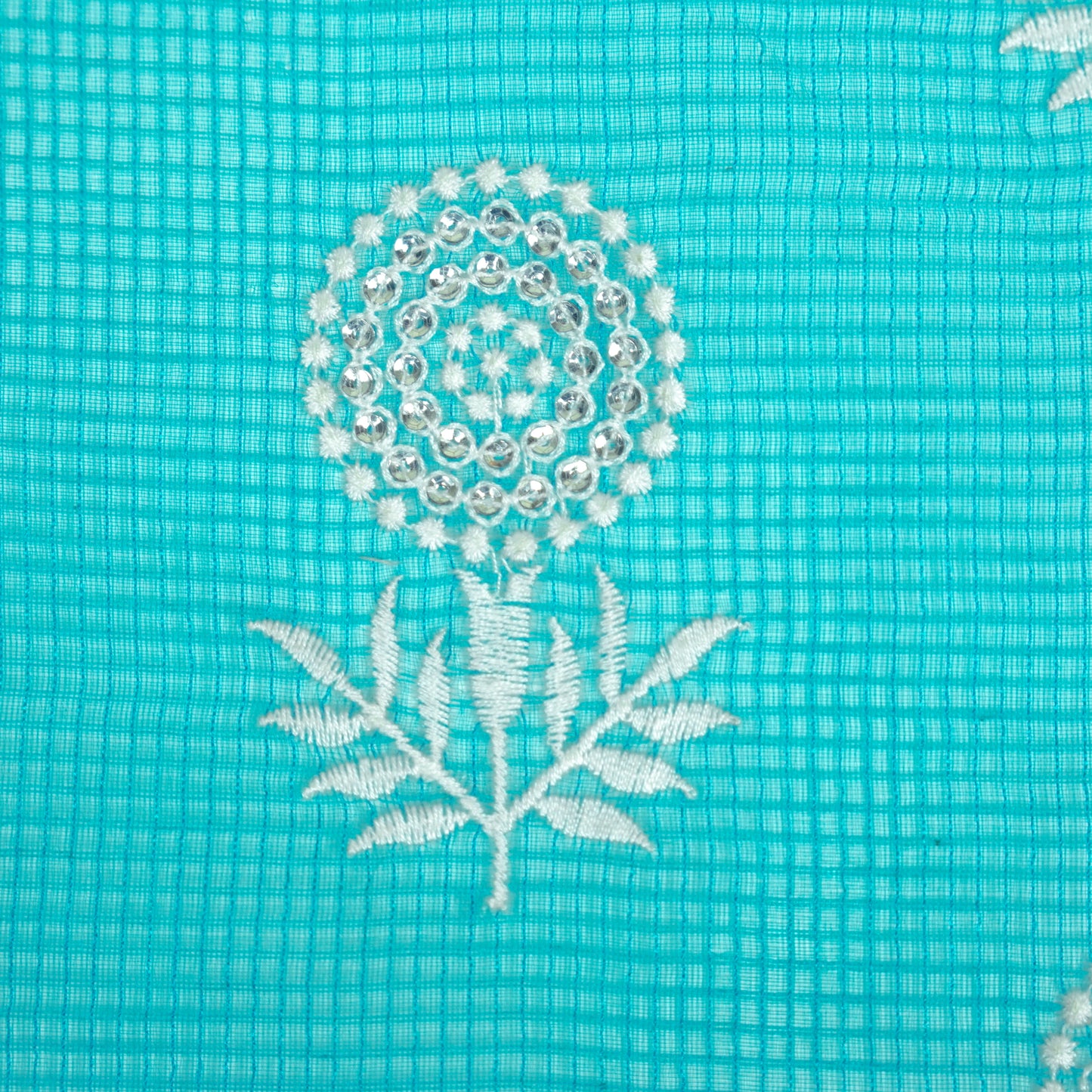 Rasha Teal Blue Semi Munga Kota Embroidered Fabric in Jaal Pattern