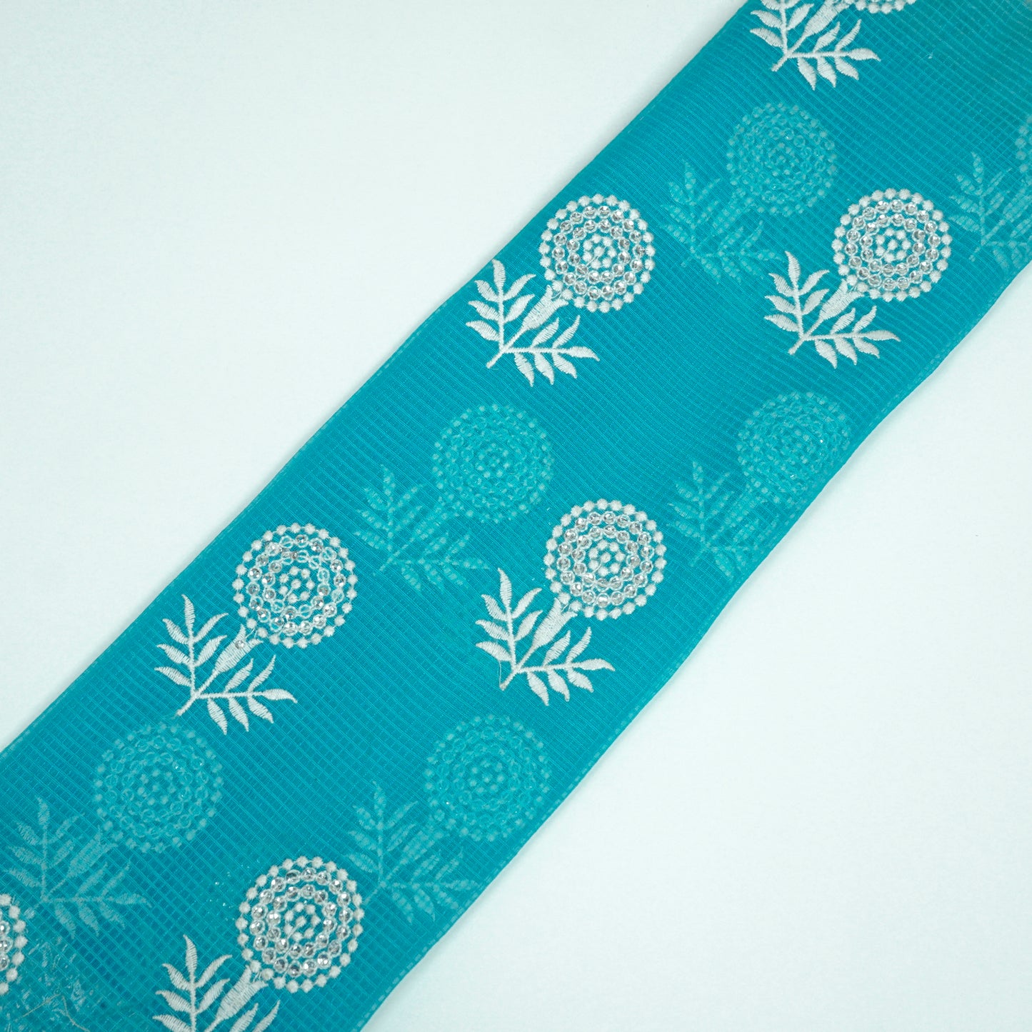 Rasha Teal Blue Semi Munga Kota Embroidered Fabric in Jaal Pattern