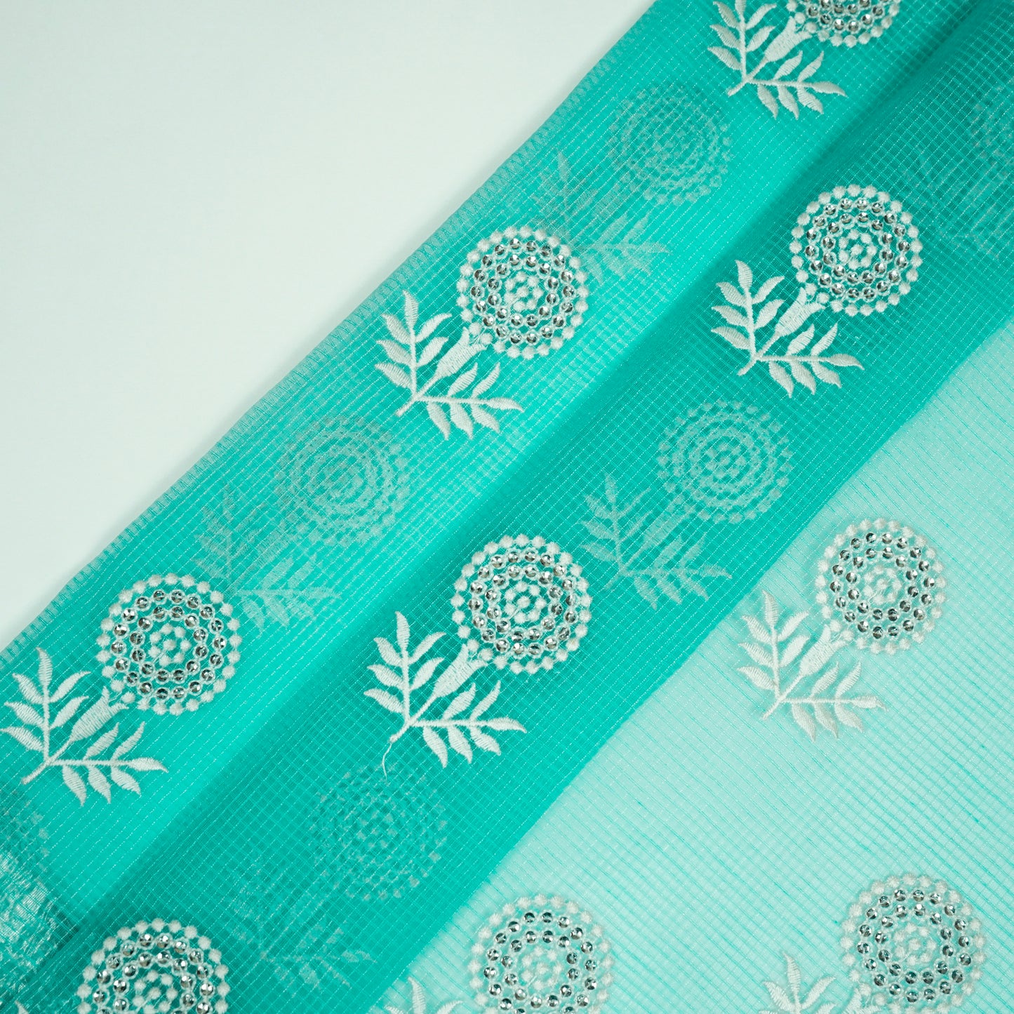 Rasha Turquoise Semi Munga Kota Embroidered Fabric in Jaal Pattern