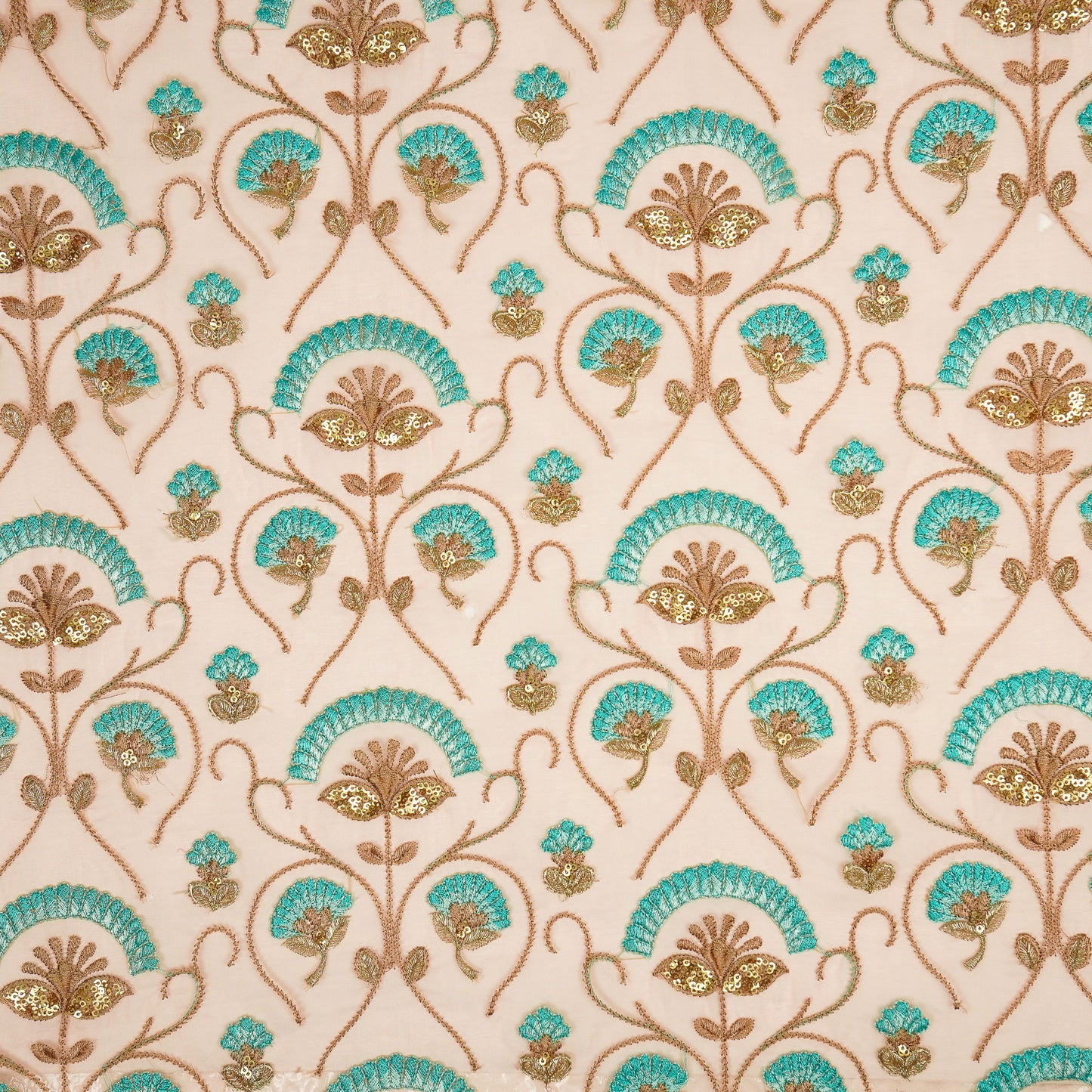 Antara Peach Viscose Organza Embroidered Fabric in Jaal Pattern