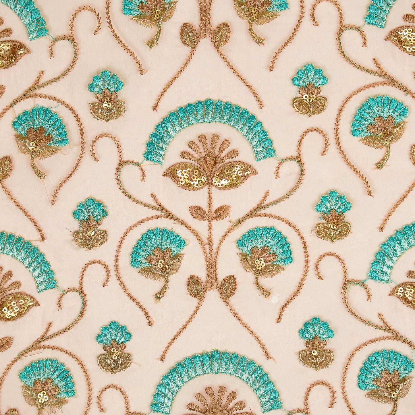 Antara Peach Viscose Organza Embroidered Fabric in Jaal Pattern