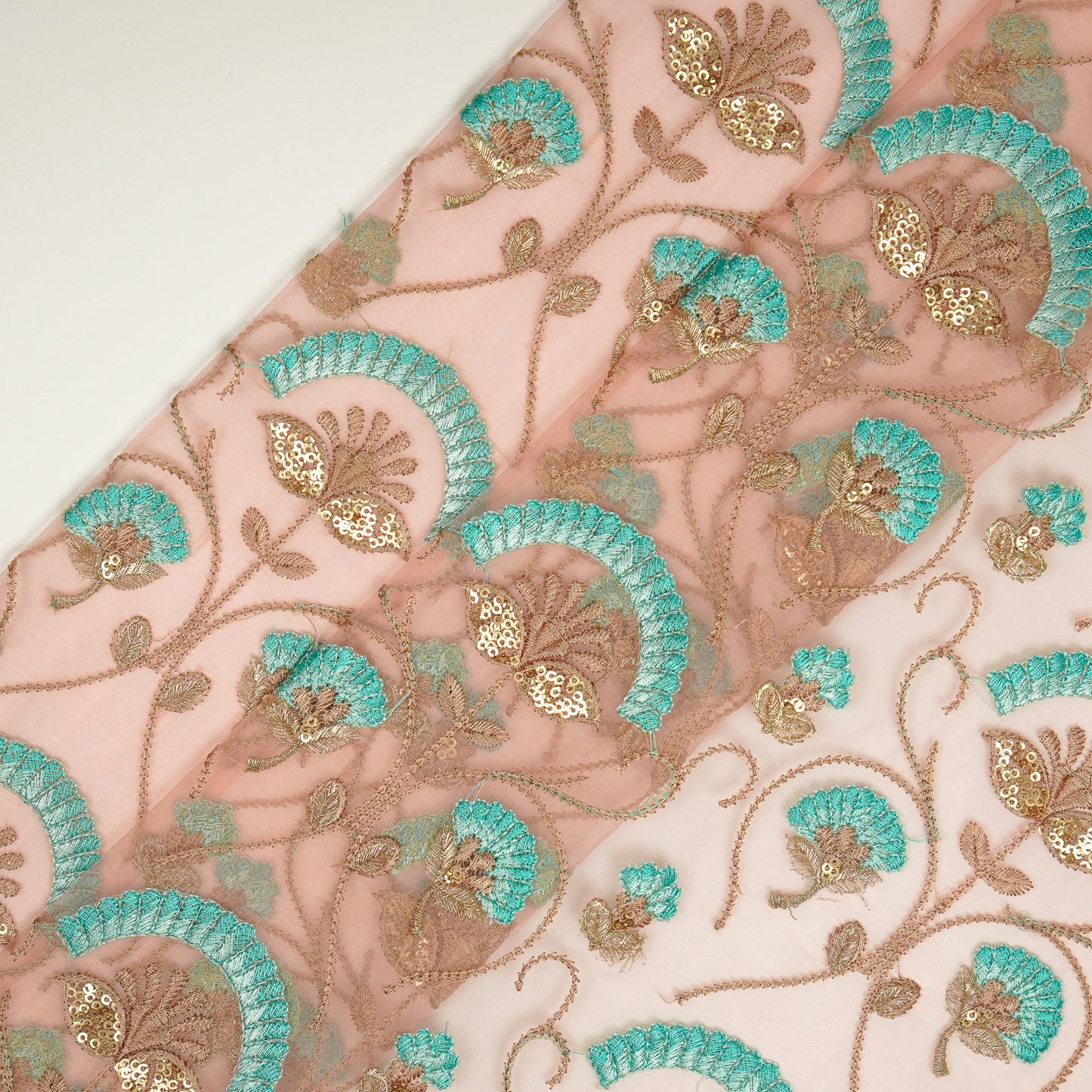 Antara Peach Viscose Organza Embroidered Fabric in Jaal Pattern