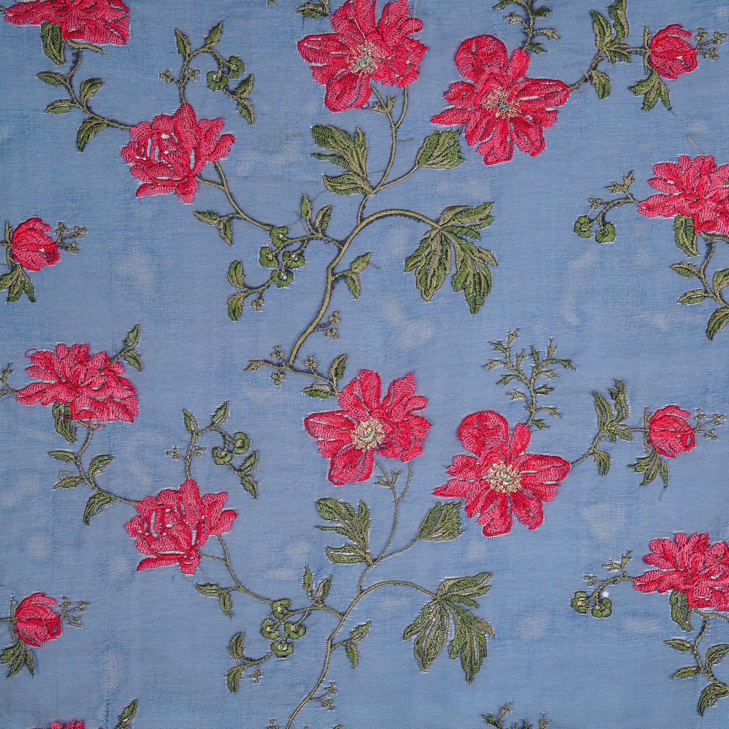 Ayka Prussian Blue Viscose Organza Embroidered Fabric in Jaal Pattern