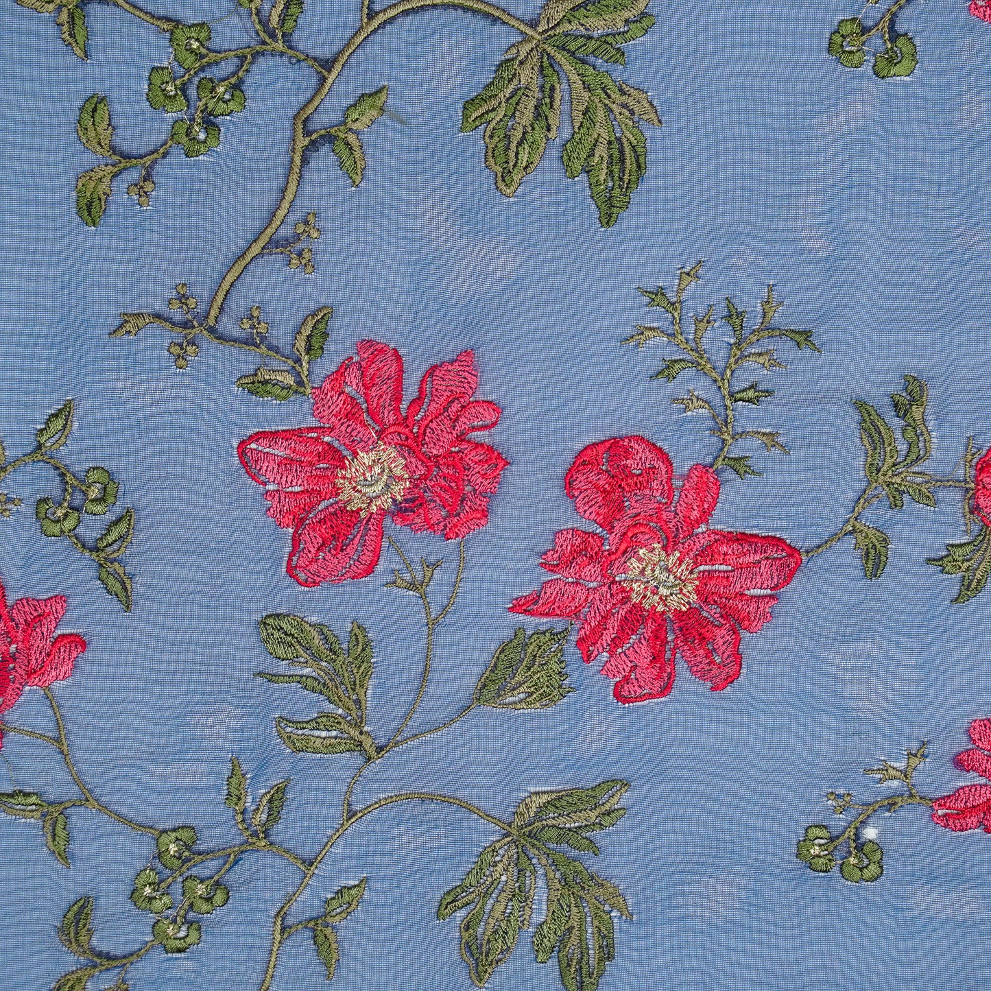 Ayka Prussian Blue Viscose Organza Embroidered Fabric in Jaal Pattern