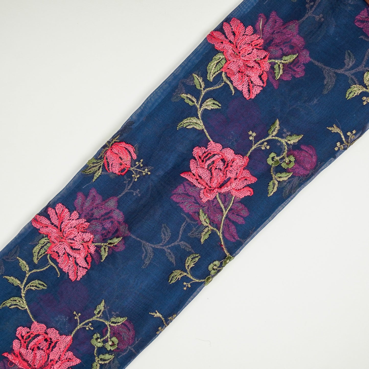 Ayka Prussian Blue Viscose Organza Embroidered Fabric in Jaal Pattern