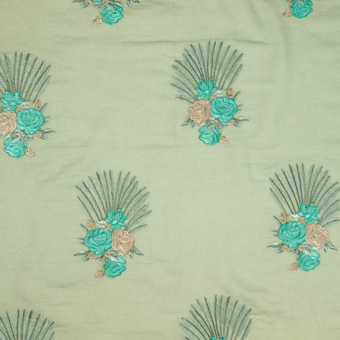 Nusrat Floral Aqua Grey Cotton Embroidered Fabric in Buta Pattern