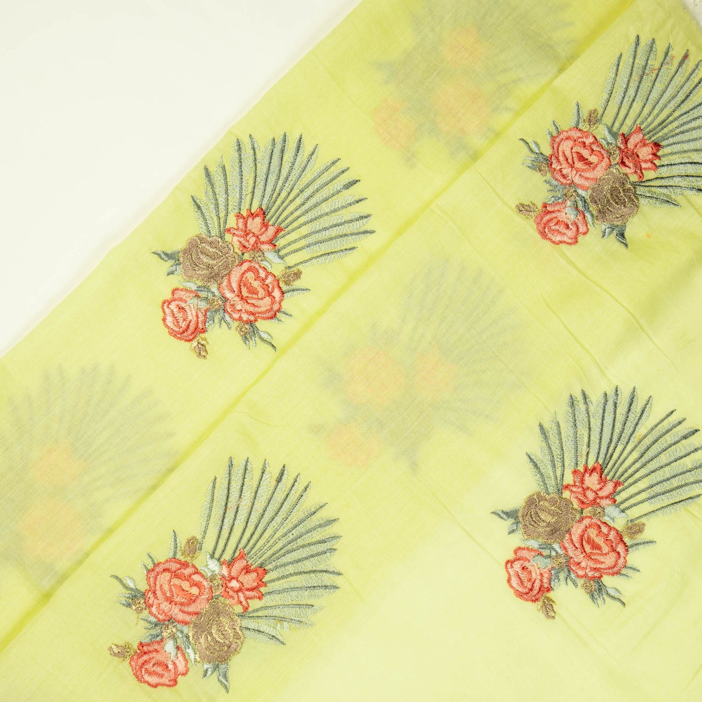 Nusrat Floral Chick Yellow Cotton Embroidered Fabric in Buta Pattern