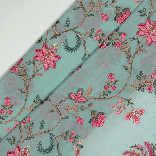 Yalina Sky Blue Chanderi Embroidered Fabric in Jaal Pattern
