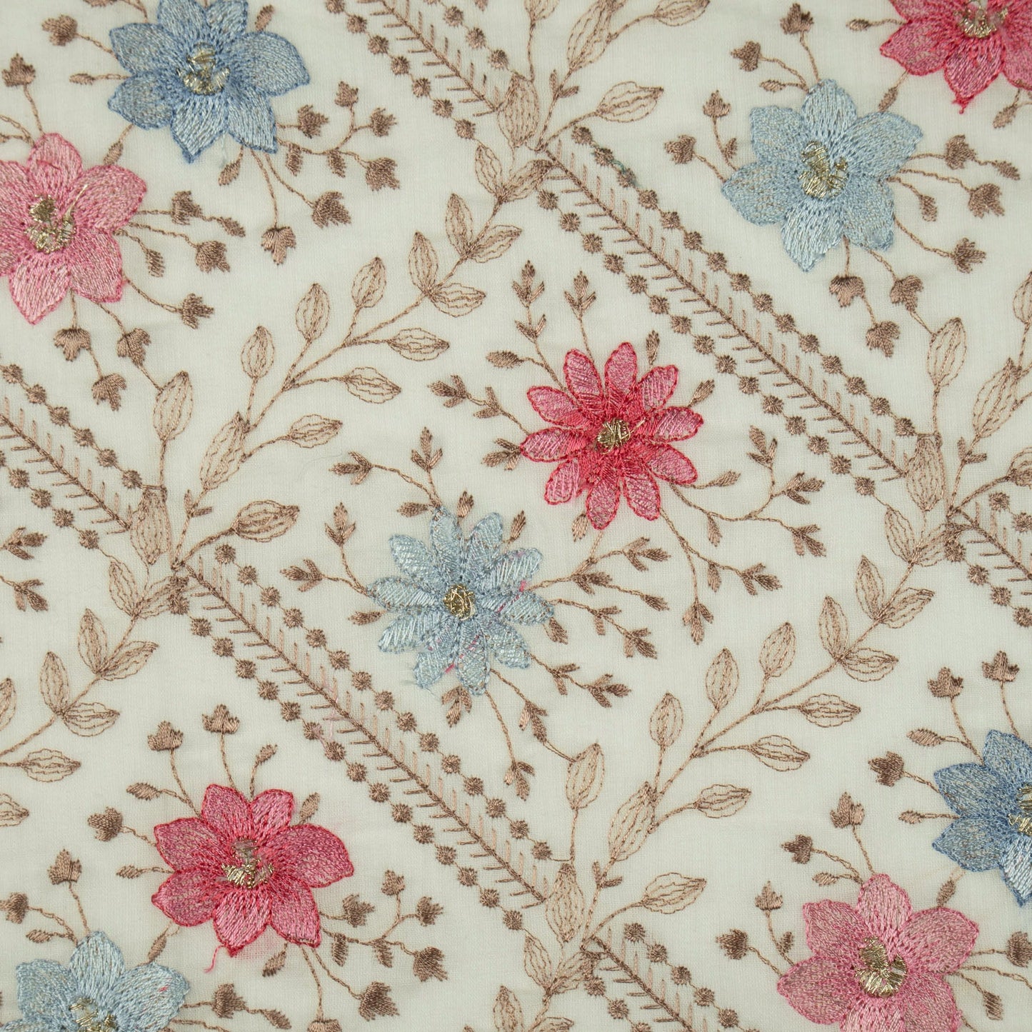 Pariza Natural Cotton Embroidered Fabric in Jaal Pattern